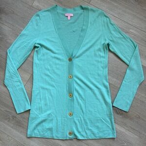 Lilly Pulitzer Sweater Womens Medium Cardigan Aqua Blue  V-neck Pocket ***